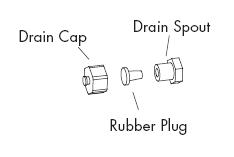 Drain cap, spout and rubber plug