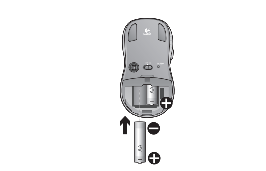 Diagram showing how to insert the batteries into the mouse