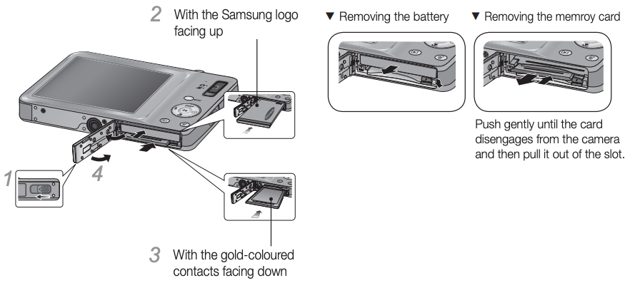 Diagram showing how to insert the battery and memory card