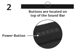 Location of the power button on the top of the soundbar