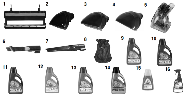 Numbered diagram of accessories