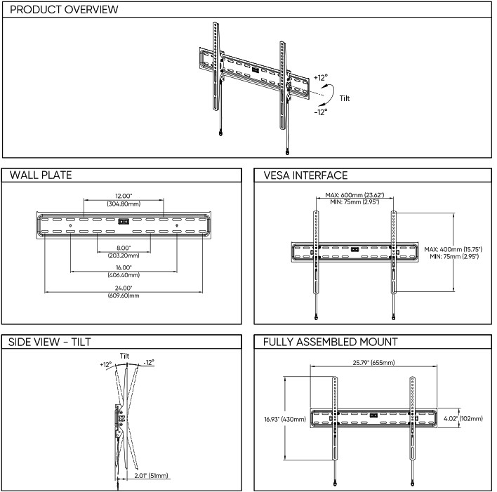 Dimensions of the onn TV wall mount