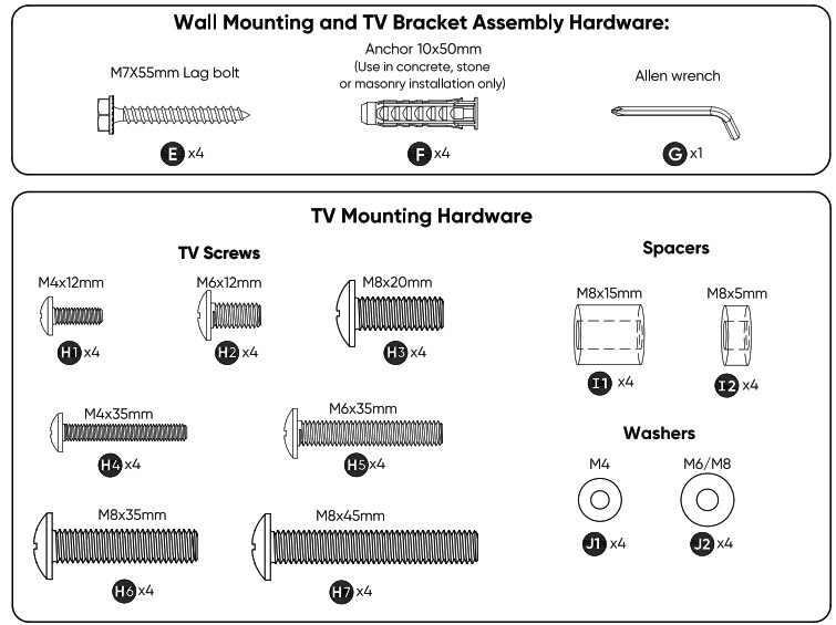 Screws included to mount the TV