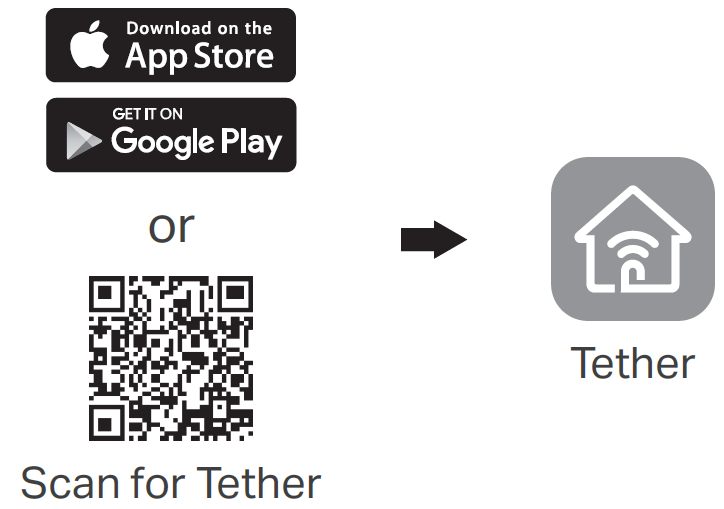 Tether app store logos and QR code