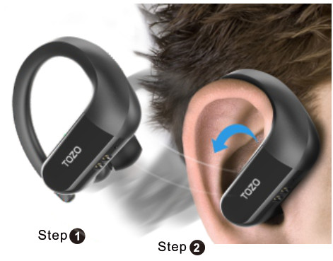 Inserting earbud into ear step 1 and 2 in photo form