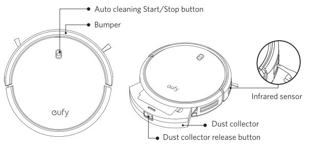 Diagram explaining the top and then side of the robo vacuum cleaner