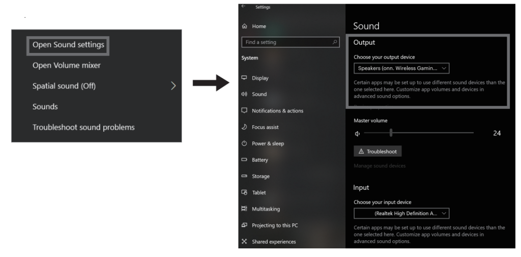 Opening sound settings menu