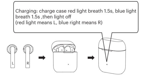 Diagram of how to charge the earbuds using the case