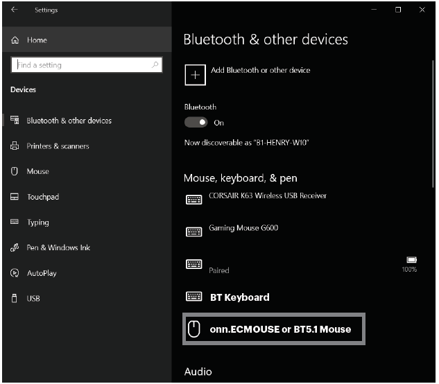 Bluetooth options screen in Windows
