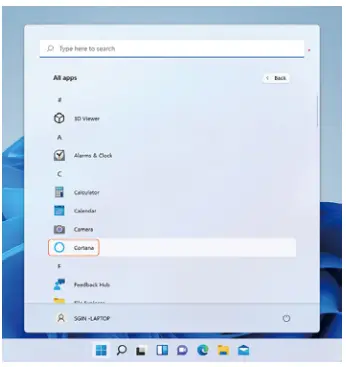 Cortana in menu