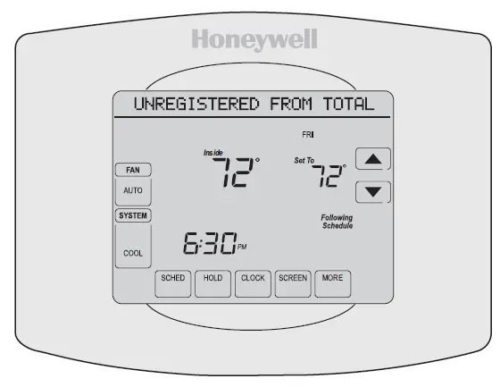 Message stating that the thermostat is unregistered from Total system